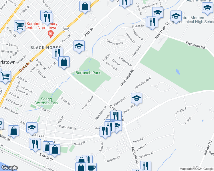 map of restaurants, bars, coffee shops, grocery stores, and more near 710 Carmen Drive in Norristown
