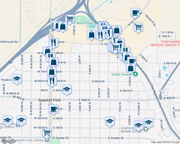 map of restaurants, bars, coffee shops, grocery stores, and more near East 700 North in Spanish Fork