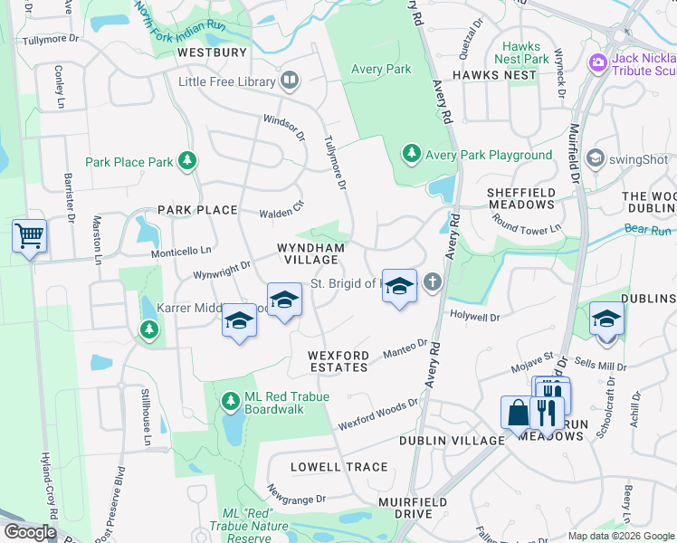 map of restaurants, bars, coffee shops, grocery stores, and more near 7420 Tullymore Drive in Dublin