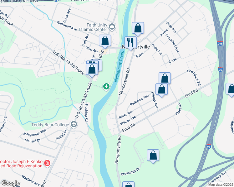 map of restaurants, bars, coffee shops, grocery stores, and more near 3605 Lower Road in Levittown