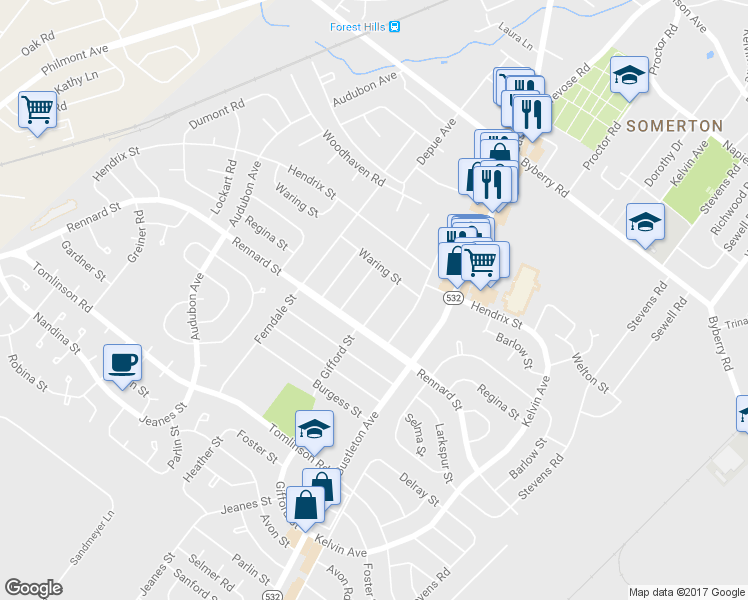 map of restaurants, bars, coffee shops, grocery stores, and more near 11616 Gifford Street in Philadelphia