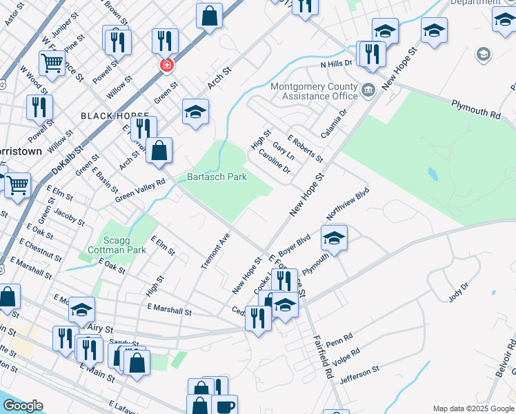 map of restaurants, bars, coffee shops, grocery stores, and more near 707 Carmen Drive in Norristown