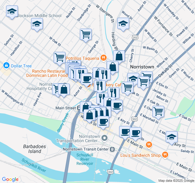 map of restaurants, bars, coffee shops, grocery stores, and more near 600 Markley Street in Norristown