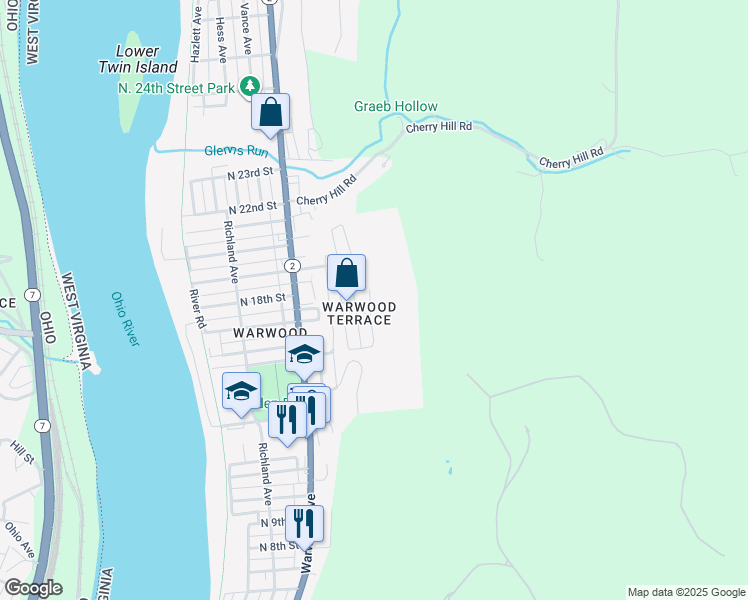 map of restaurants, bars, coffee shops, grocery stores, and more near 115 Warwood Terrace in Wheeling