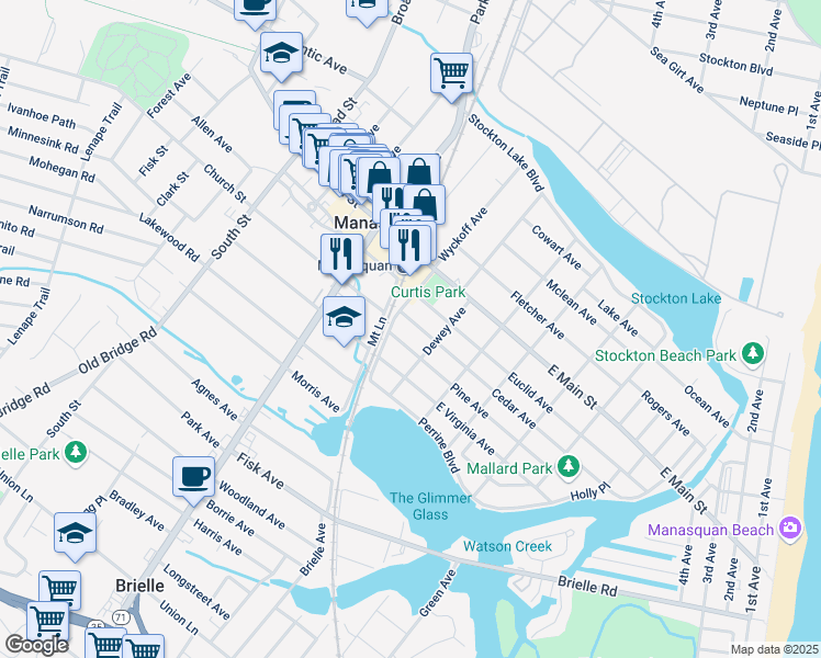 map of restaurants, bars, coffee shops, grocery stores, and more near 261 Cedar Ave in Manasquan