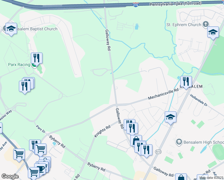 map of restaurants, bars, coffee shops, grocery stores, and more near 2568 Galloway Road in Bensalem