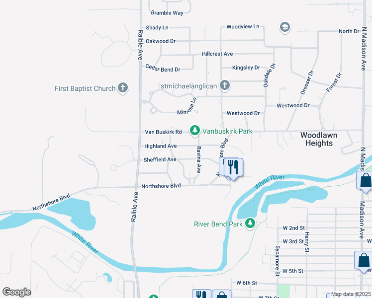map of restaurants, bars, coffee shops, grocery stores, and more near 2205 Highland Ave in Anderson