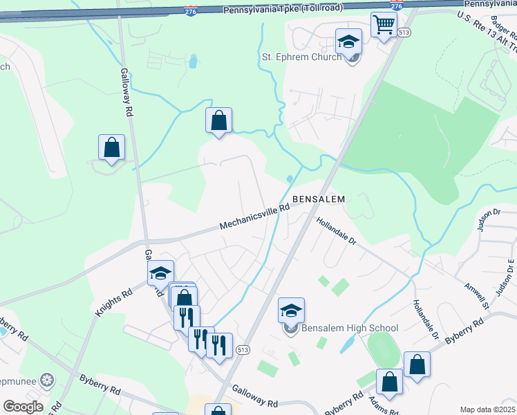 map of restaurants, bars, coffee shops, grocery stores, and more near 4122 Mechanicsville Road in Bensalem