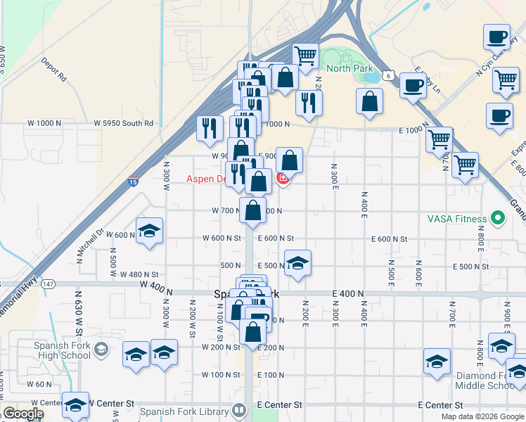 map of restaurants, bars, coffee shops, grocery stores, and more near 44 East 700 North in Spanish Fork