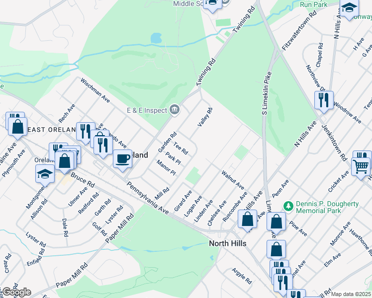 map of restaurants, bars, coffee shops, grocery stores, and more near 82 Tee Road in Oreland