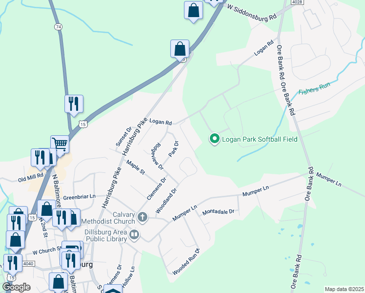 map of restaurants, bars, coffee shops, grocery stores, and more near 24 Park Drive in Dillsburg