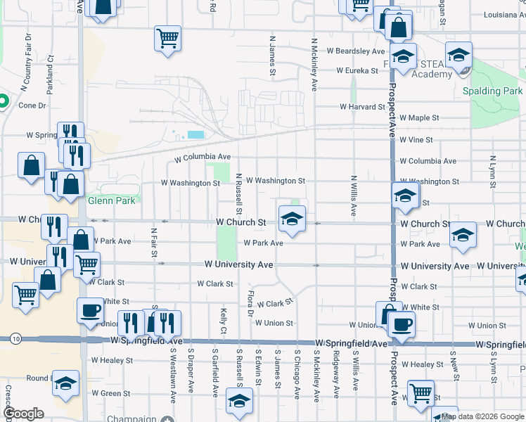 map of restaurants, bars, coffee shops, grocery stores, and more near 308 North Edwin Street in Champaign