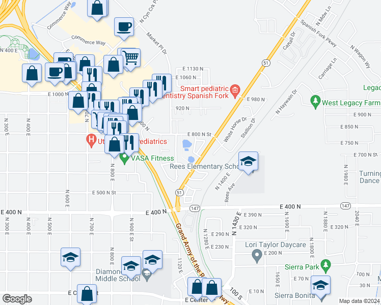 map of restaurants, bars, coffee shops, grocery stores, and more near 697 Black Horse Drive in Provo
