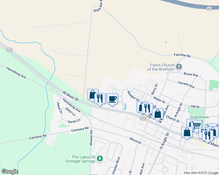 map of restaurants, bars, coffee shops, grocery stores, and more near 319 Brittany Lane in Mount Joy