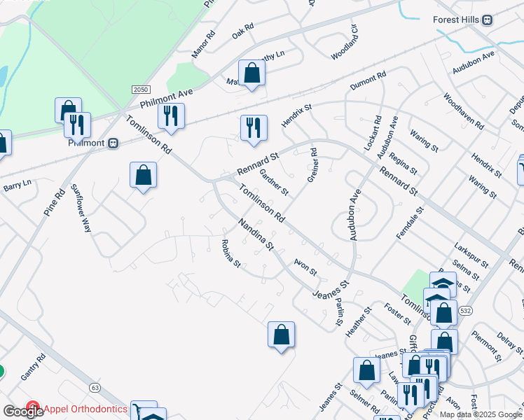 map of restaurants, bars, coffee shops, grocery stores, and more near 208 Tomlinson Road in Philadelphia