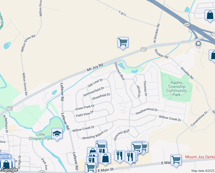 map of restaurants, bars, coffee shops, grocery stores, and more near 5327 Oak Leaf Drive in Mount Joy