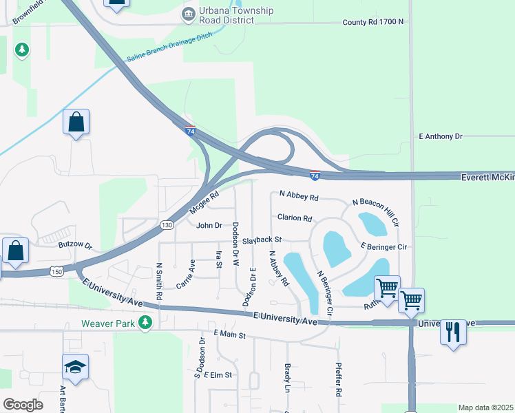 map of restaurants, bars, coffee shops, grocery stores, and more near 703 East Dodson Drive in Urbana