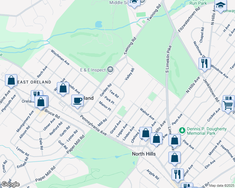 map of restaurants, bars, coffee shops, grocery stores, and more near 82 Tee Road in Oreland