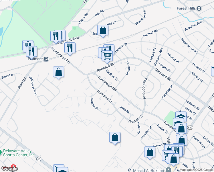 map of restaurants, bars, coffee shops, grocery stores, and more near 208 Tomlinson Road in Philadelphia