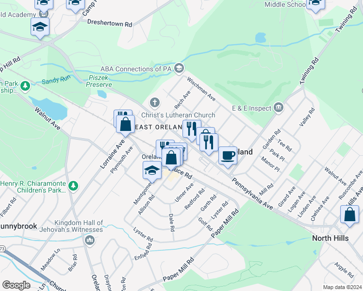 map of restaurants, bars, coffee shops, grocery stores, and more near 24 Park Avenue in Oreland