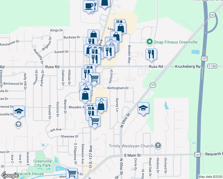 map of restaurants, bars, coffee shops, grocery stores, and more near 227 Oxford Drive in Greenville