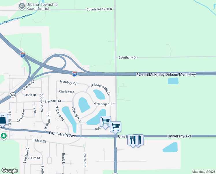 map of restaurants, bars, coffee shops, grocery stores, and more near 606 North Beacon Hill Circle in Urbana
