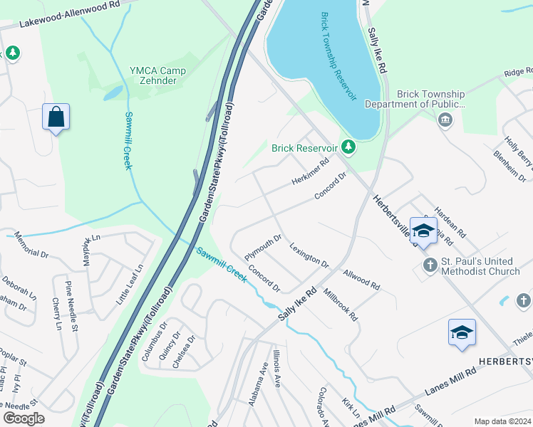 map of restaurants, bars, coffee shops, grocery stores, and more near 1220 Concord Drive in Brick Township