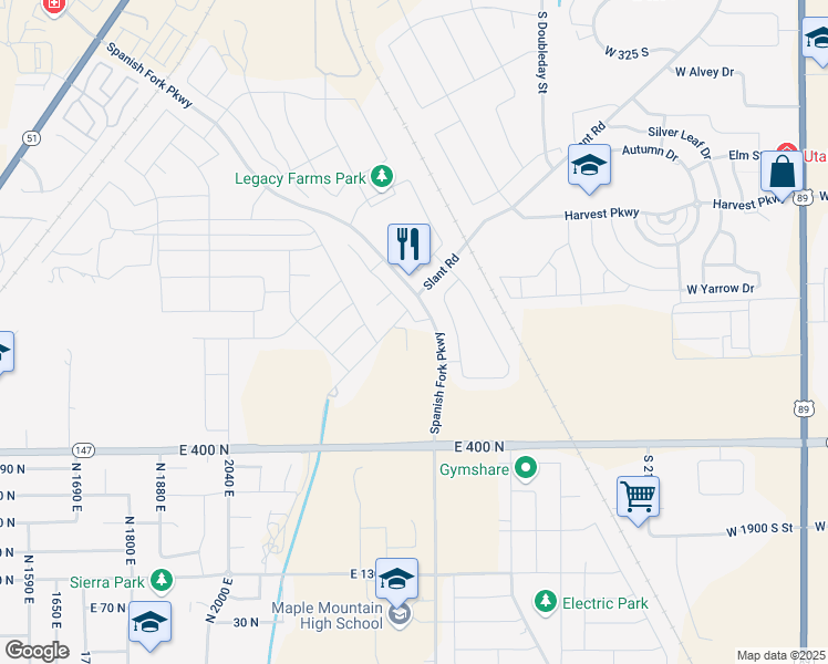 map of restaurants, bars, coffee shops, grocery stores, and more near 723 North Plainsman Drive in Spanish Fork