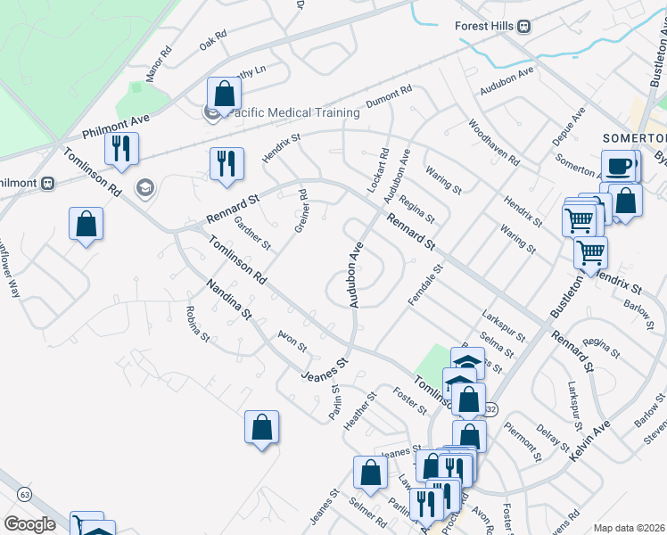map of restaurants, bars, coffee shops, grocery stores, and more near 11118 Ridgeway Street in Philadelphia