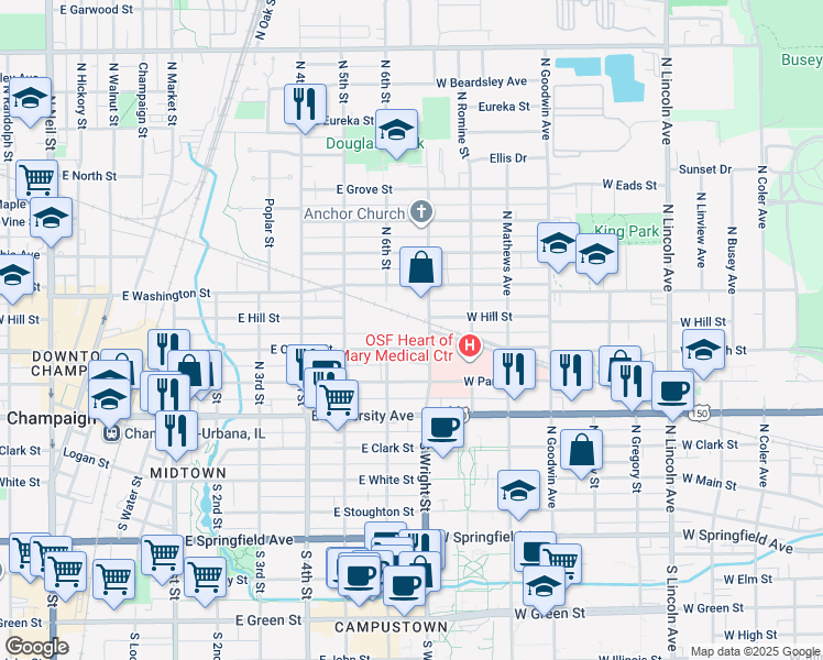 map of restaurants, bars, coffee shops, grocery stores, and more near 305 North Wright Street in Champaign