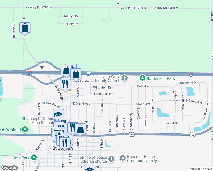 map of restaurants, bars, coffee shops, grocery stores, and more near 704 Wingstem Drive in Saint Joseph