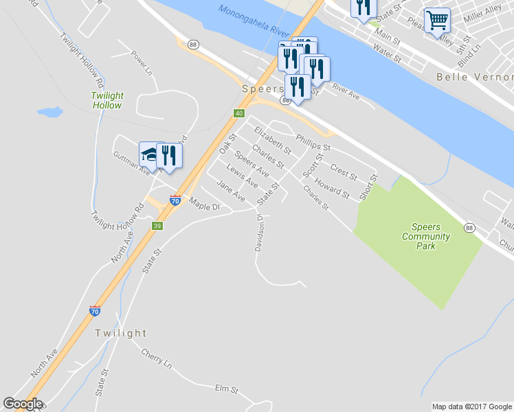 map of restaurants, bars, coffee shops, grocery stores, and more near 153 State Street in Charleroi