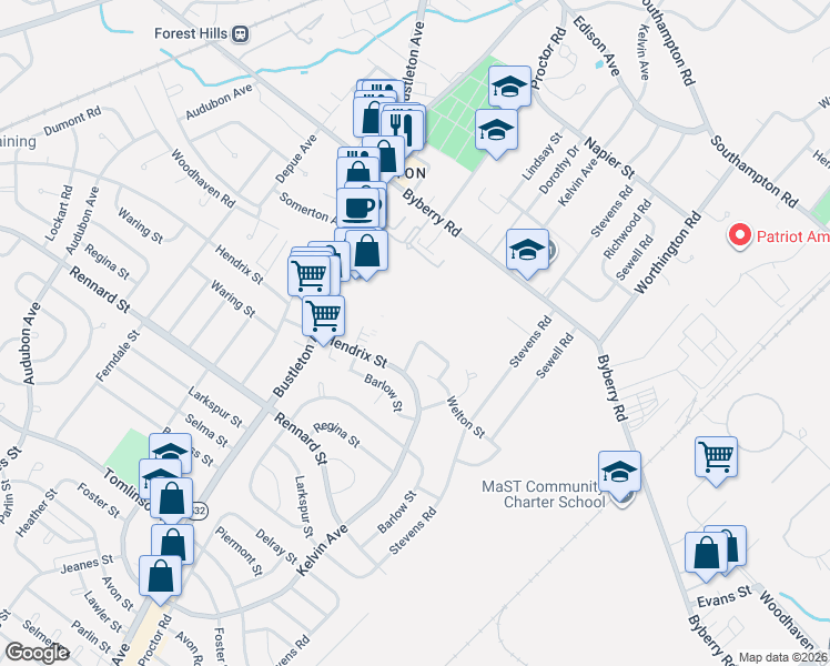 map of restaurants, bars, coffee shops, grocery stores, and more near 831 Centennial Square North in Philadelphia