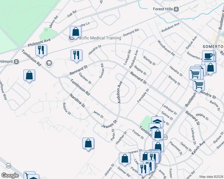 map of restaurants, bars, coffee shops, grocery stores, and more near 11118 Ridgeway Street in Philadelphia