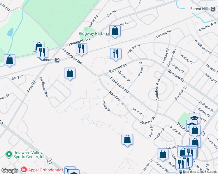 map of restaurants, bars, coffee shops, grocery stores, and more near 10923 Nandina Court in Philadelphia