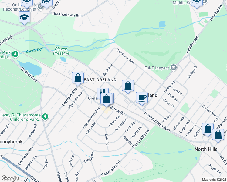 map of restaurants, bars, coffee shops, grocery stores, and more near 24 Park Avenue in Oreland