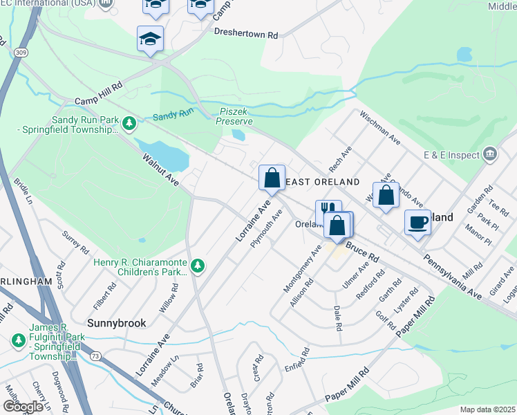 map of restaurants, bars, coffee shops, grocery stores, and more near 124 Integrity Avenue in Oreland