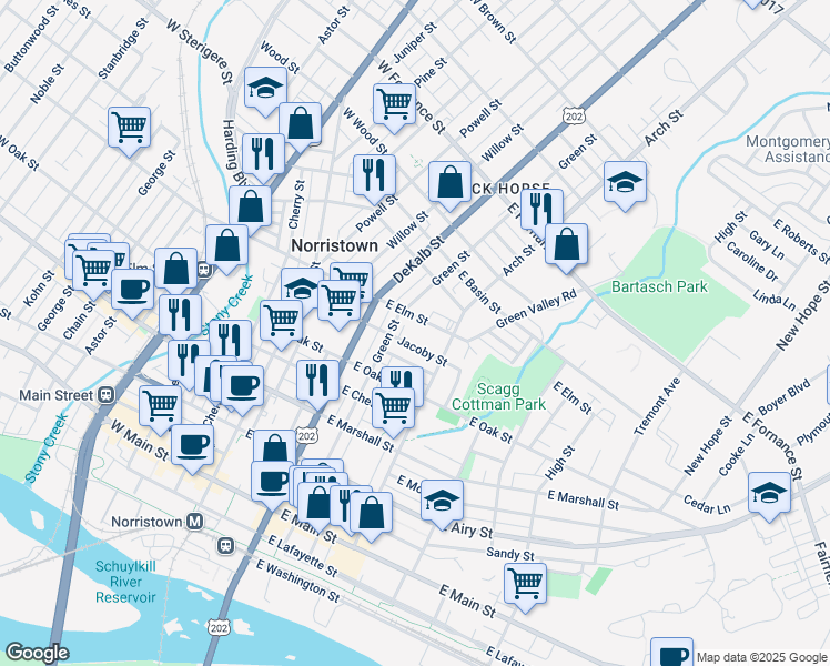 map of restaurants, bars, coffee shops, grocery stores, and more near 902 Green Street in Norristown