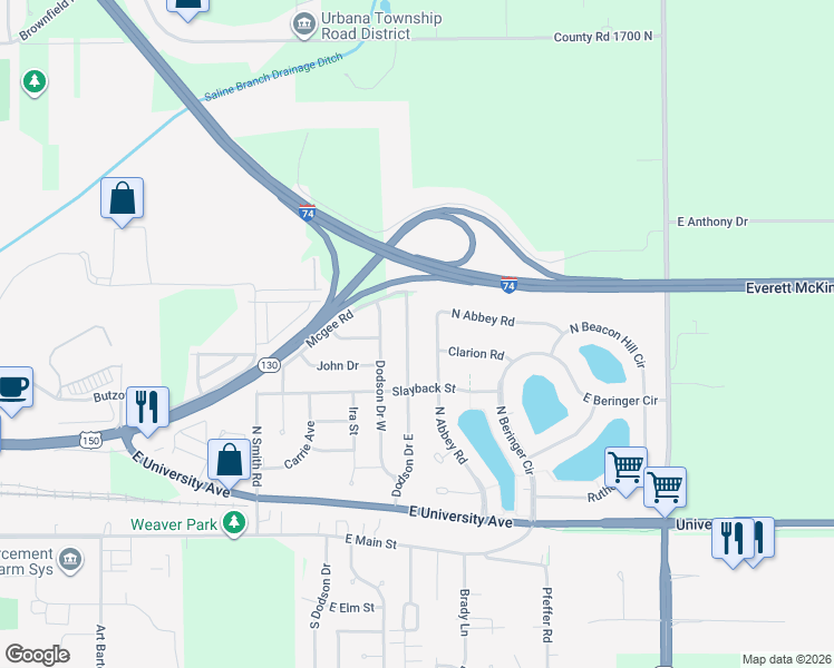 map of restaurants, bars, coffee shops, grocery stores, and more near 703 East Dodson Drive in Urbana