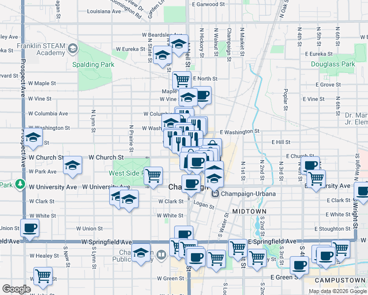 map of restaurants, bars, coffee shops, grocery stores, and more near 302 North Neil Street in Champaign