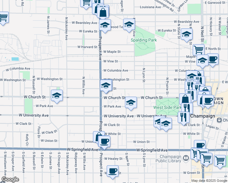 map of restaurants, bars, coffee shops, grocery stores, and more near 709 West Hill Street in Champaign