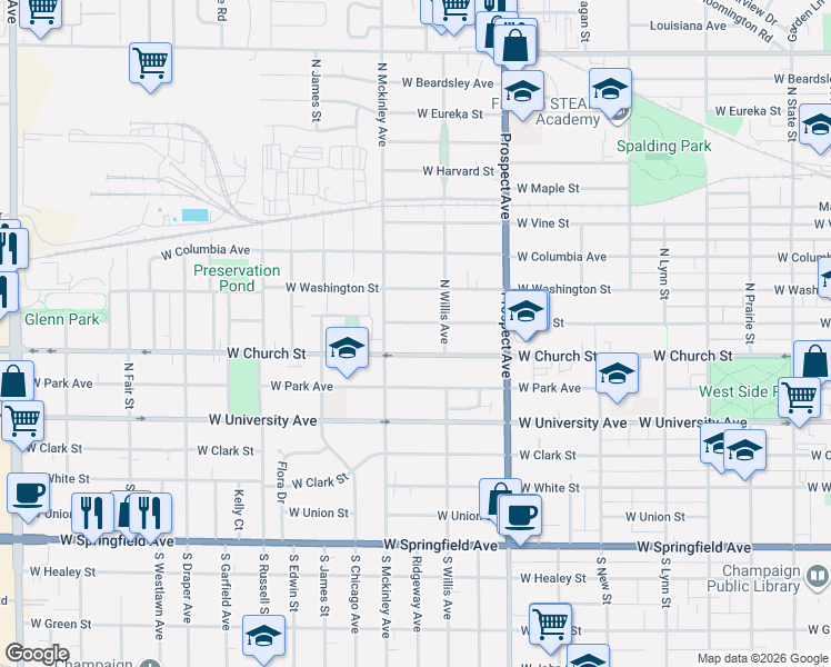 map of restaurants, bars, coffee shops, grocery stores, and more near 1009 West Hill Street in Champaign