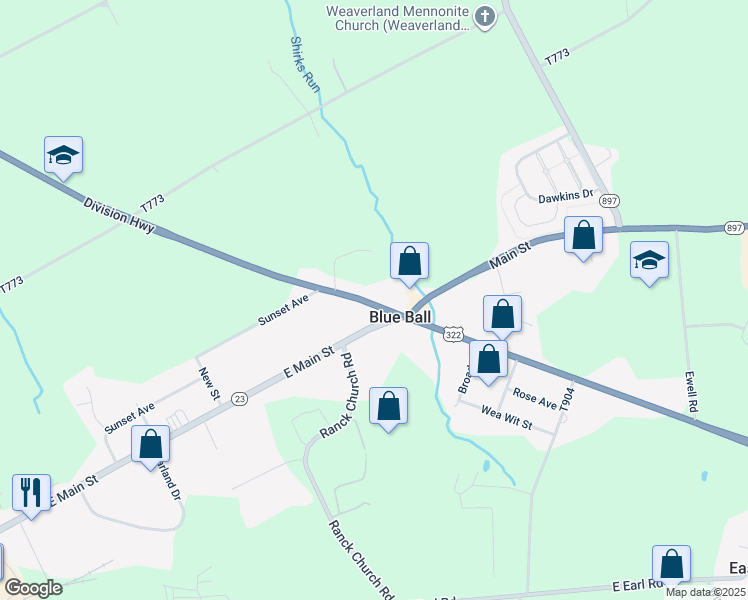map of restaurants, bars, coffee shops, grocery stores, and more near 4166 Division Highway in East Earl