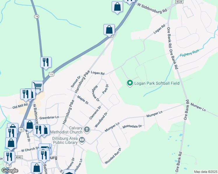 map of restaurants, bars, coffee shops, grocery stores, and more near 24 Park Drive in Dillsburg