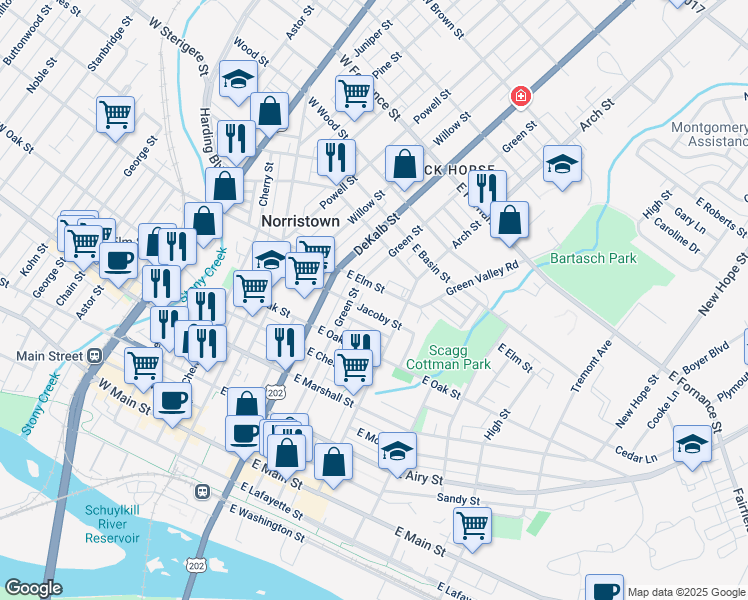 map of restaurants, bars, coffee shops, grocery stores, and more near 902 Green Street in Norristown