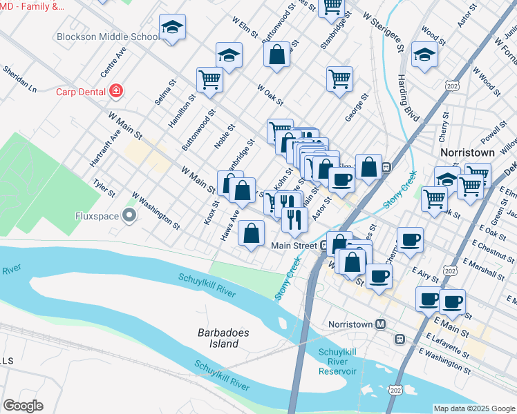 map of restaurants, bars, coffee shops, grocery stores, and more near 621 West Main Street in Norristown