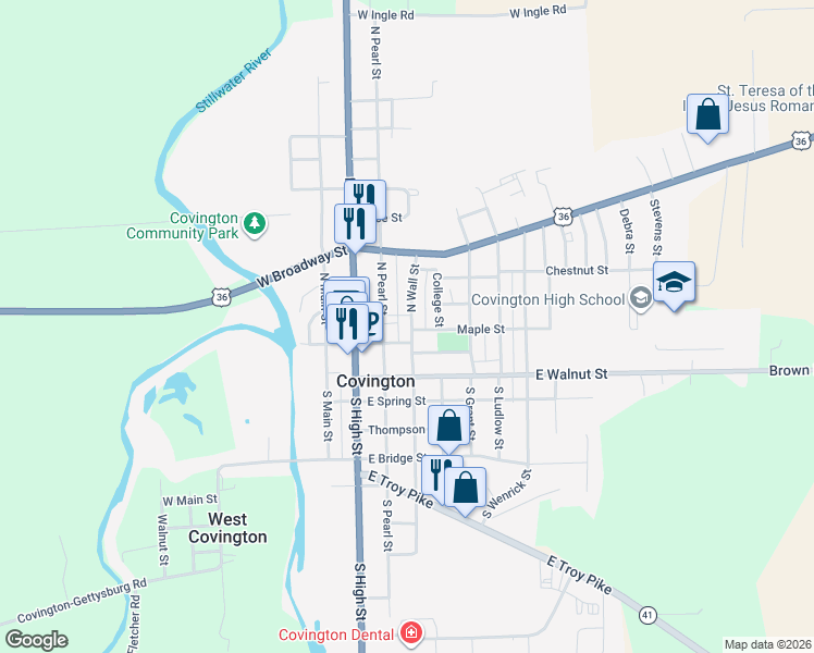 map of restaurants, bars, coffee shops, grocery stores, and more near 115 North Wall Street in Covington