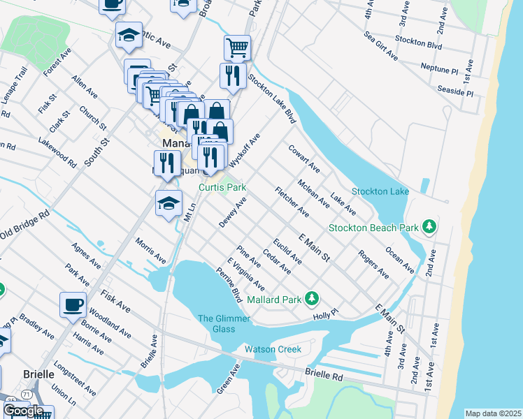 map of restaurants, bars, coffee shops, grocery stores, and more near 309 East Main Street in Manasquan