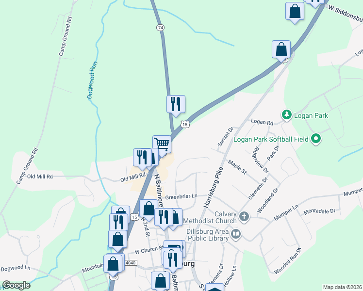 map of restaurants, bars, coffee shops, grocery stores, and more near 510 U.S. 15 in Dillsburg