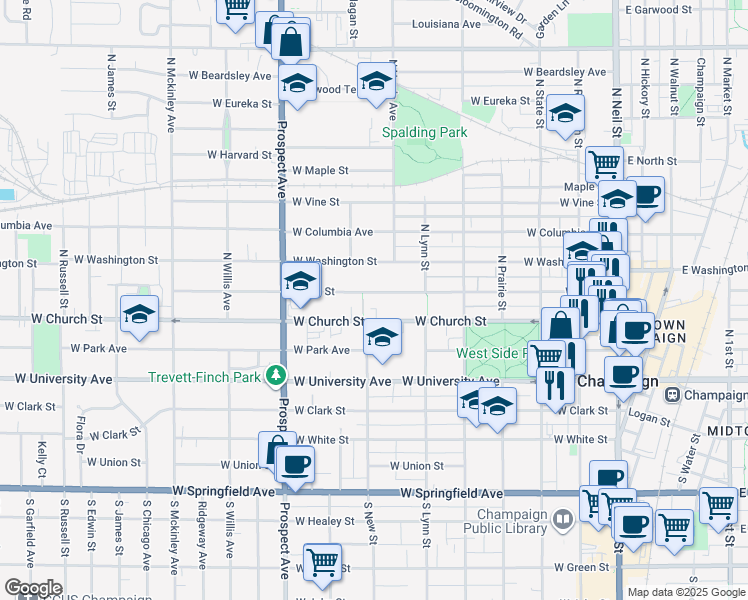 map of restaurants, bars, coffee shops, grocery stores, and more near 619 West Hill Street in Champaign